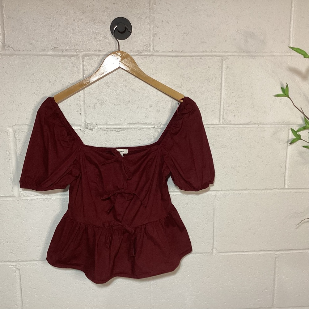Francesca's Collections Deep Red l Burgundy Puff Sleeve Bow Blouse l Like New